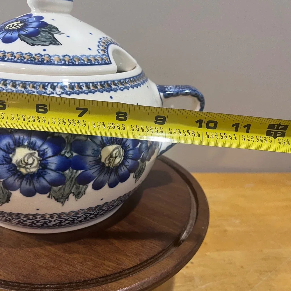 Vtg Polish Pottery Blue Floral Soup Tureen Set with Lid and Ladle Hand Painted